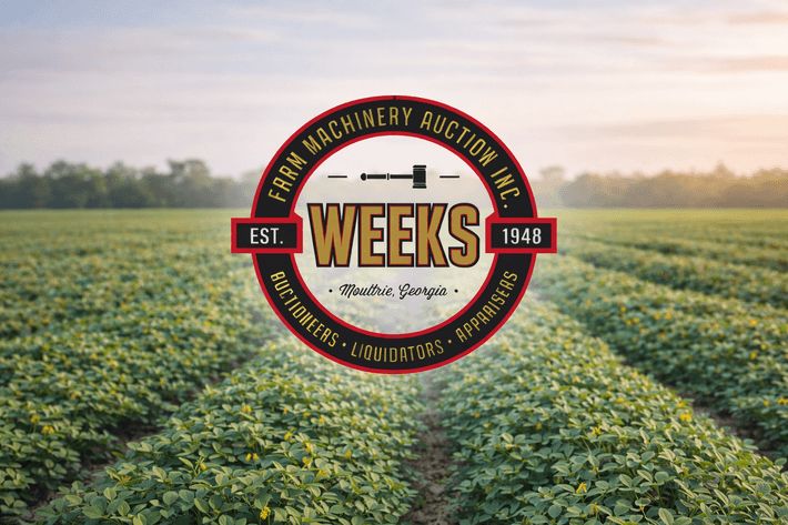 Logo von Weeks Farm Machinery Auction vor einem weiten Feld.